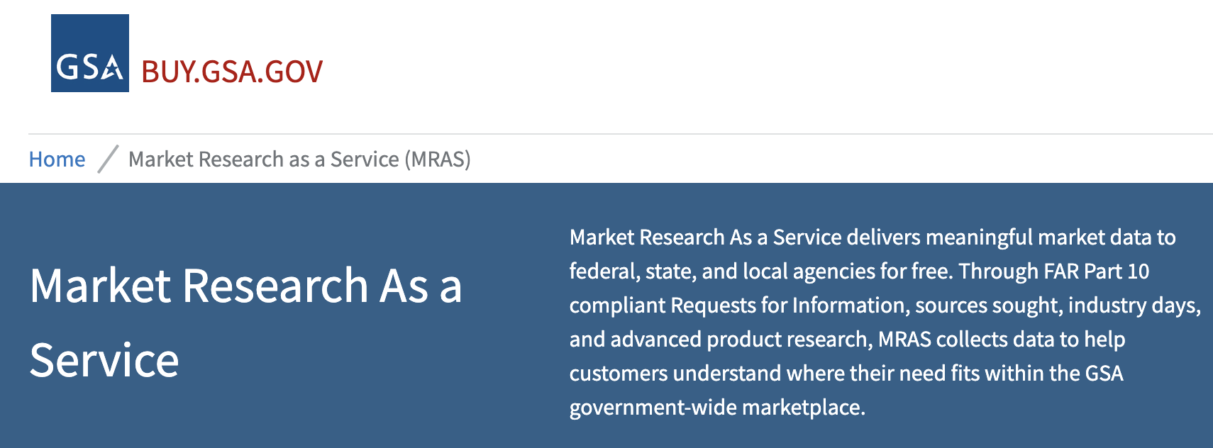 GSA MRAS homepage: Market Research As a Service