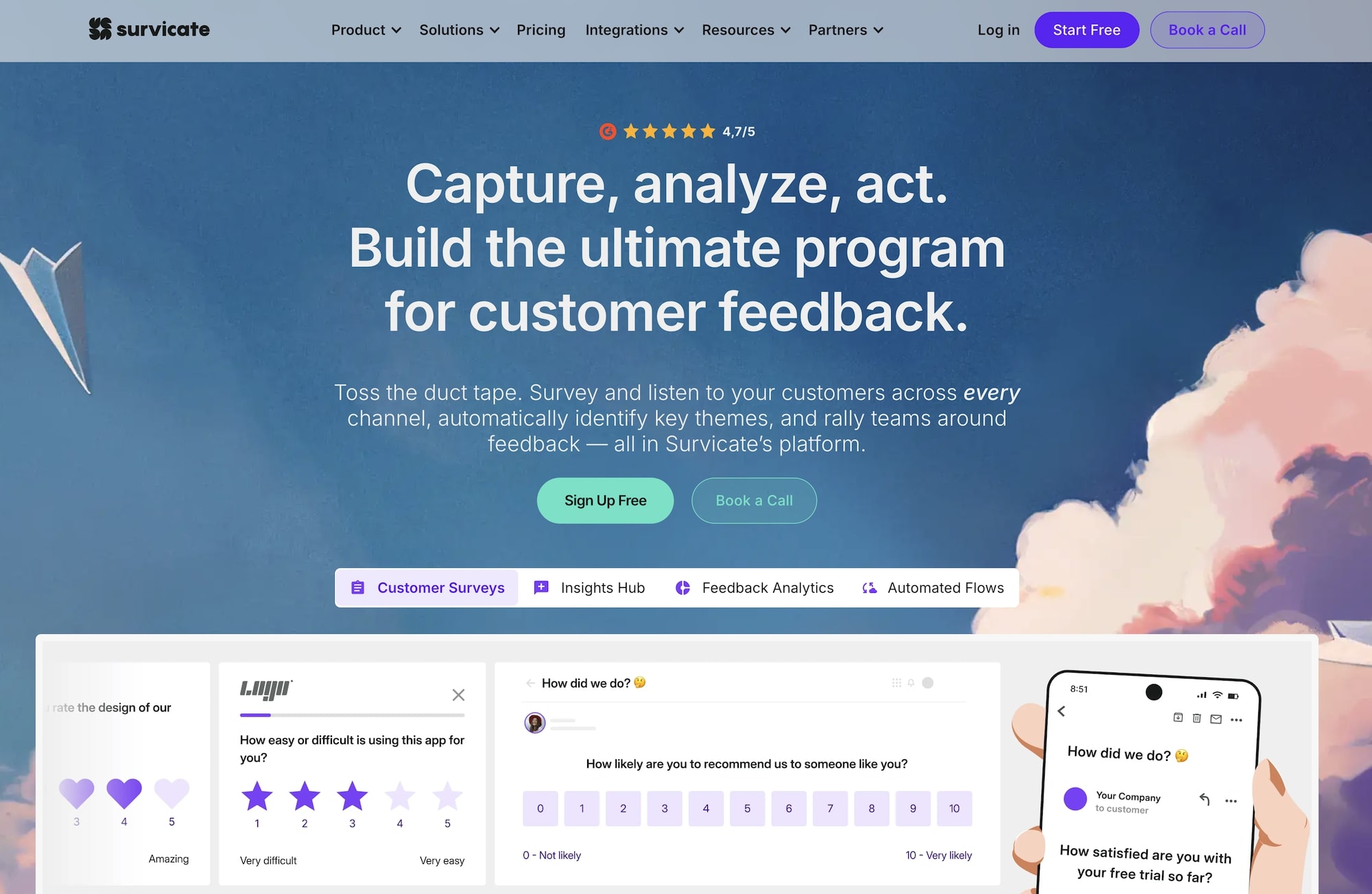 Survicate homepage: Capture, analyze, act.