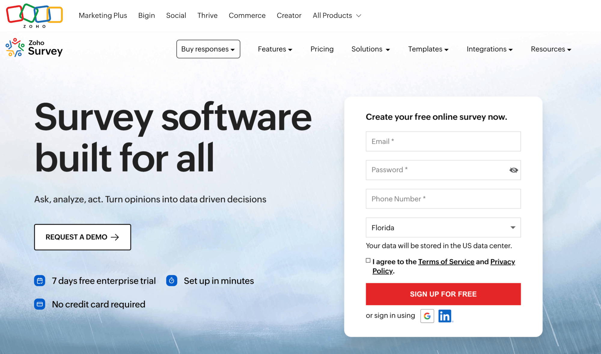 Zoho Survey homepage: Survey software built for all