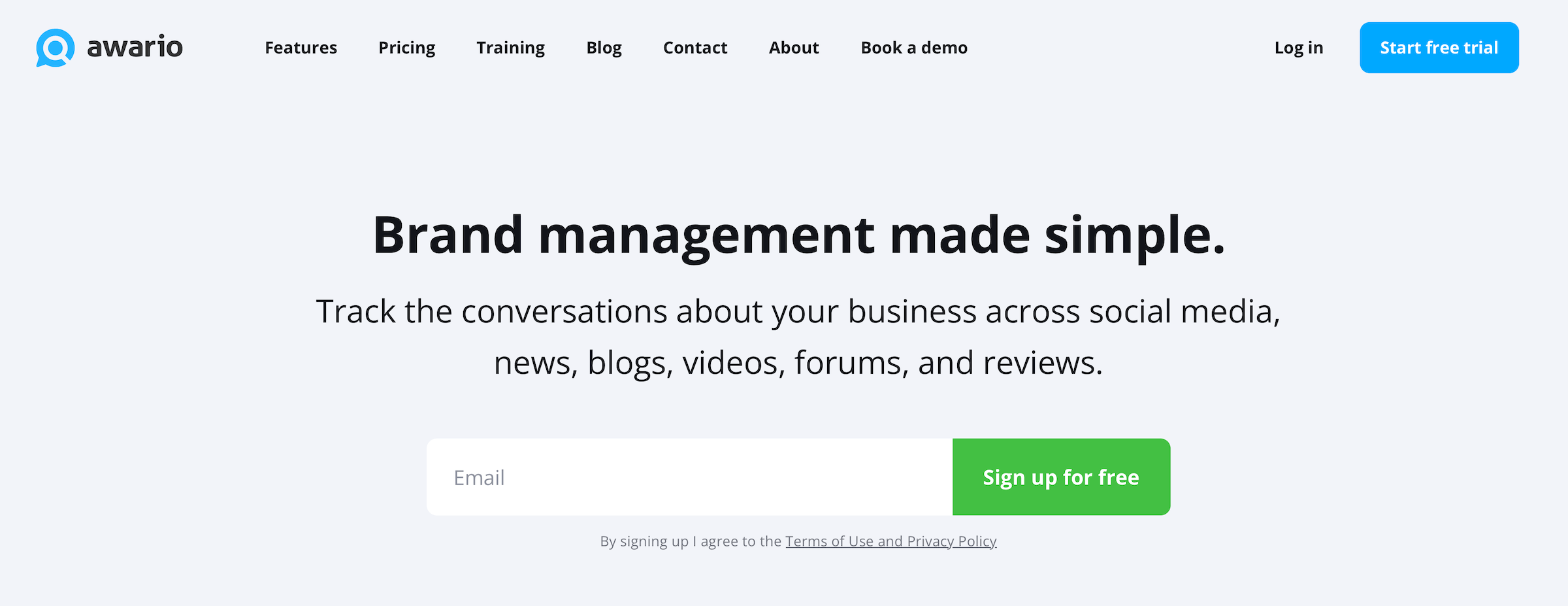 Awario homepage: Brand management made simple.
