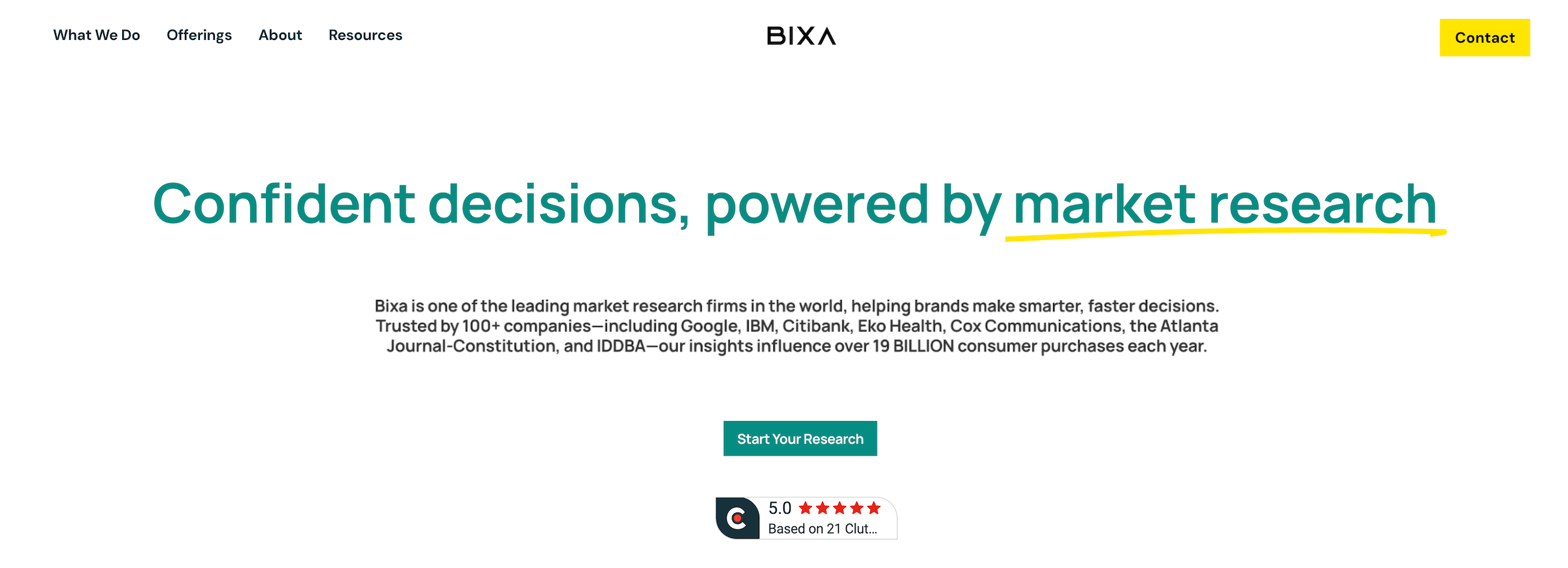Bixa homepage: Confident decisions, powered by market research