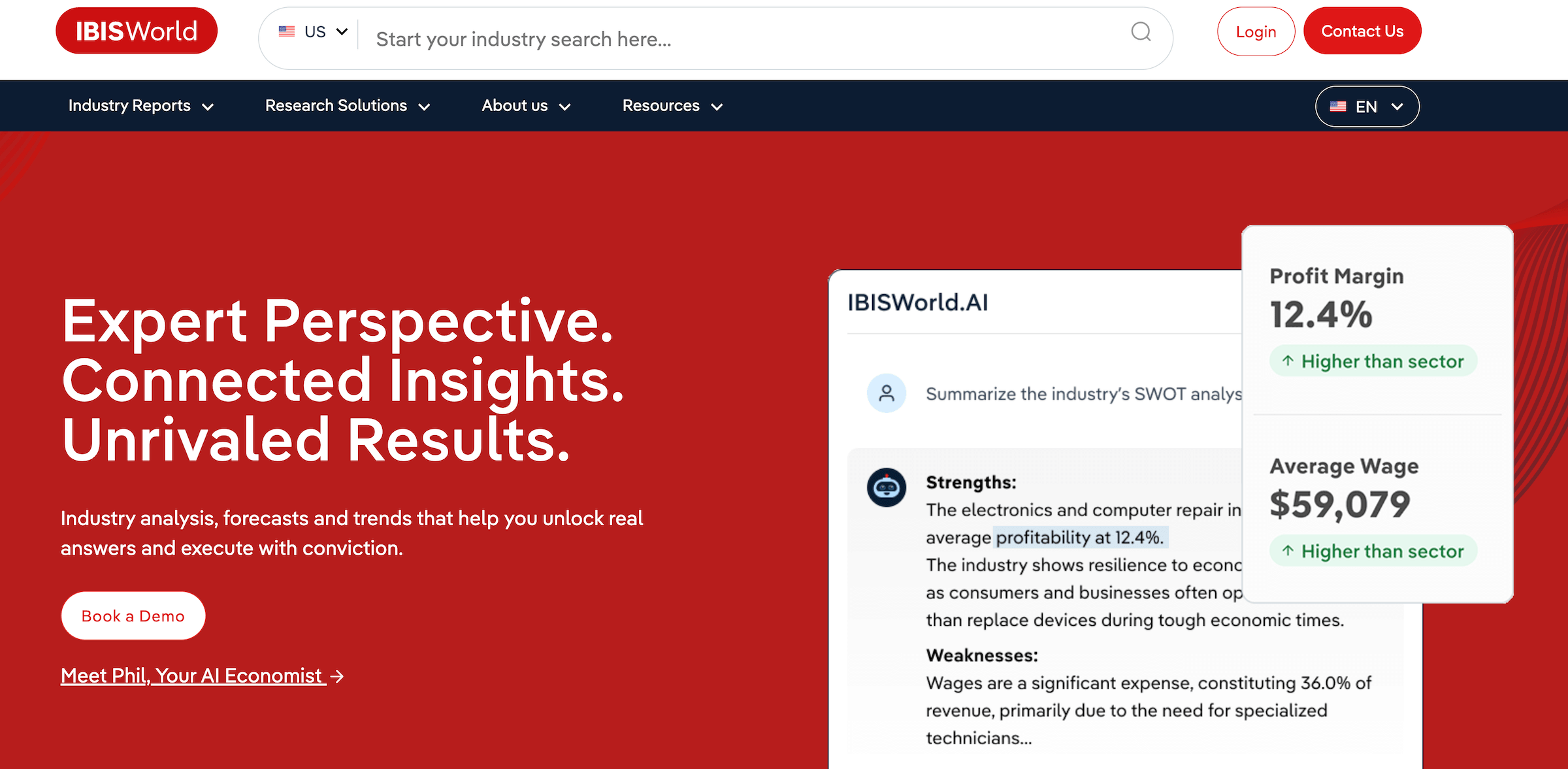 IBISWorld homepage: Expert Perspective. Connected Insights. Unrivaled results.